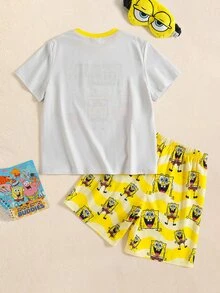 SpongeBob SquarePants | SHEIN 大童男孩字母卡通印花短袖上衣與短褲休閒日常居家睡衣套裝 - 淺灰色 - 查看 2