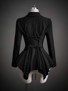 SHEIN ICON Y2k Women's Going Out Halloween Cosplay Gothic Mistress Black Ruffle  Fashion Commuter Striped Waist-Cinching Ruffle Hem Blazer For Costume Play - Black - View 2