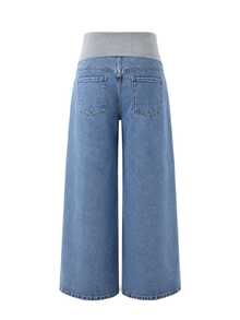 SHEIN Maternity Casual Washed Wide Leg Denim Jeans - Medium Wash - View 2