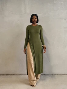 BamGlimmer Summer Valentine's Day New Year Holiday New Design Side Slit Tie-Up Long Sleeve T-Shirt For Women, Fashionable Passionate Vacation Casual Style, Suitable For Travel, Vacation, Daily Wear, Back To School, Party, Gathering - Army Green - View 9