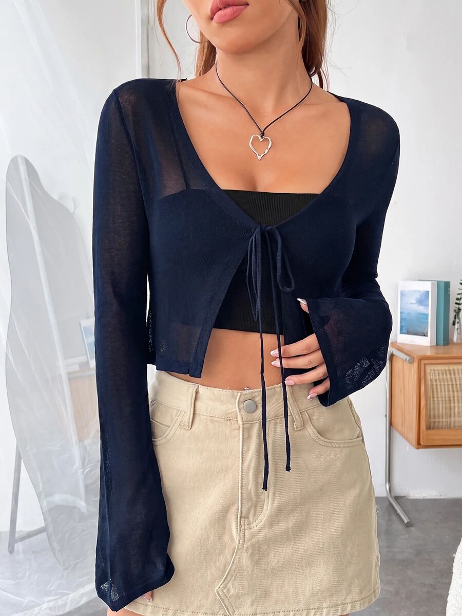 SHEIN EZwear 女款簡約前綁帶長袖針織開襟衫,度假穿搭 - 藏蓝色 - 查看 1