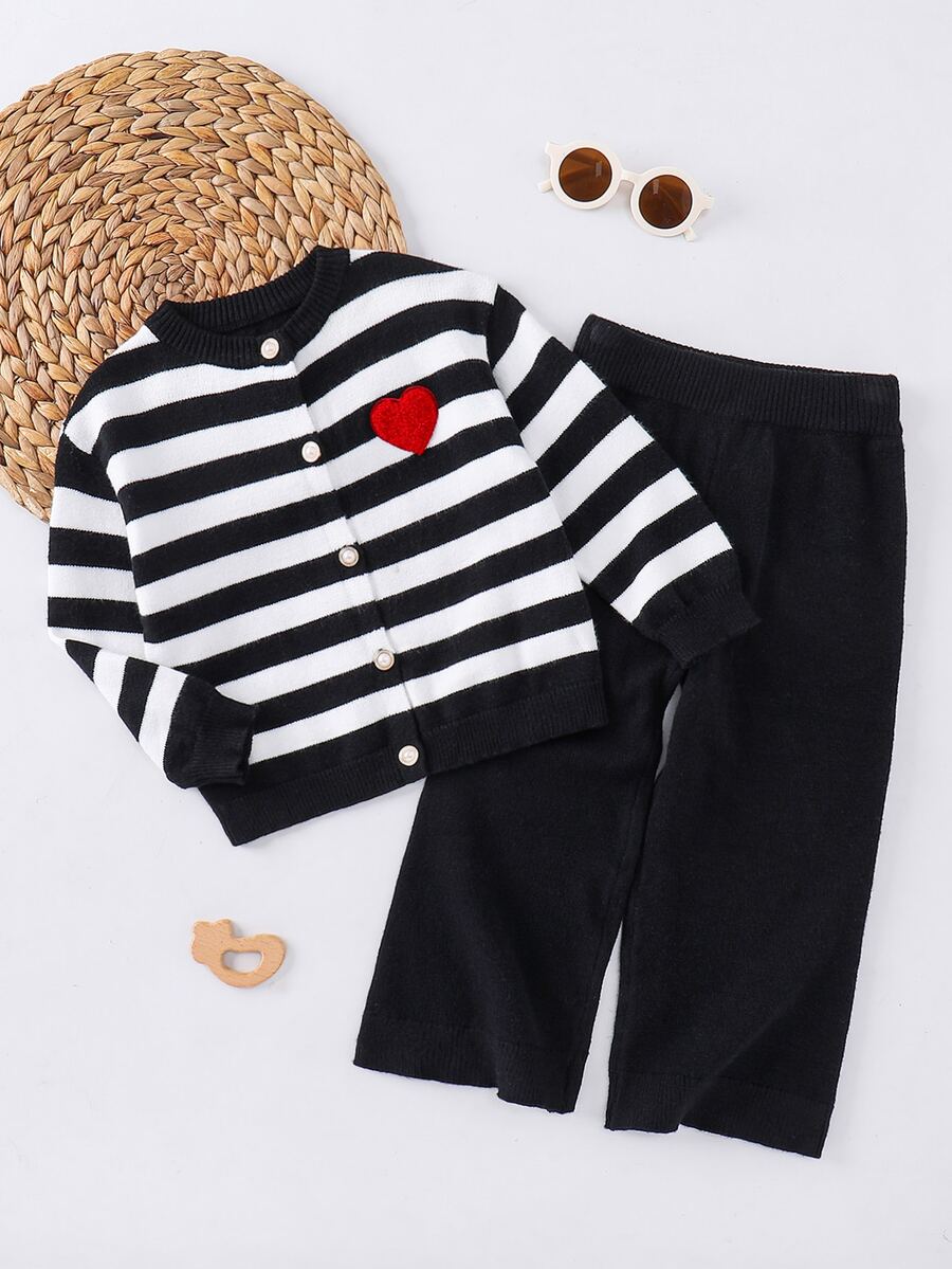 SHEIN Young Girl Loose Casual Minimalist Comfortable Round Neck Striped Pattern Cardigan Sweater Pants 2 Pieces Set Autumn Kids - Black and White - View 1