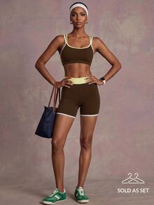 Zivah Women's Contrast Trim Cropped Camisole Tank Top & Shorts Sportswear Set Gym Workout Activewear Outfit For Autumn - Brown - View 3