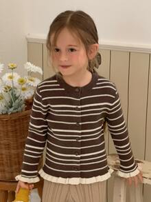 Hapijoa Young Girls' Striped Color Block Frill Trim Basic Short Cardigan Sweater, Autumn/Winter - Brown - View 2