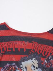 Betty Boop x SHEIN 女款字母卡通印花休閒日常穿搭上衣 - 紅色和黑色 - 查看 6