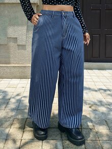 Rivivi Festival Plus Size Women's Blue Non-Stretch Striped Straight Leg Denim Pants - Dark Wash - View 4
