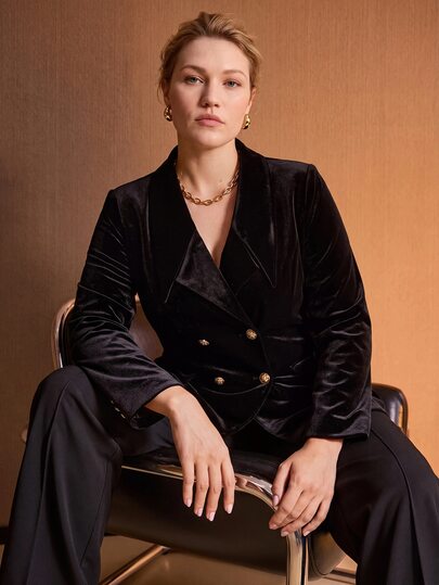 MOTF PREMIUM PLUS SIZE WOMEN'S AUTUMN/WINTER VELVET DOUBLE-BREASTED FITTED BLAZER