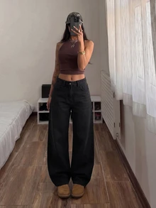 SHEIN Tall 女款休閒百搭日常穿著牛仔褲，附口袋與鈕扣設計 - 黑色 - 查看 3