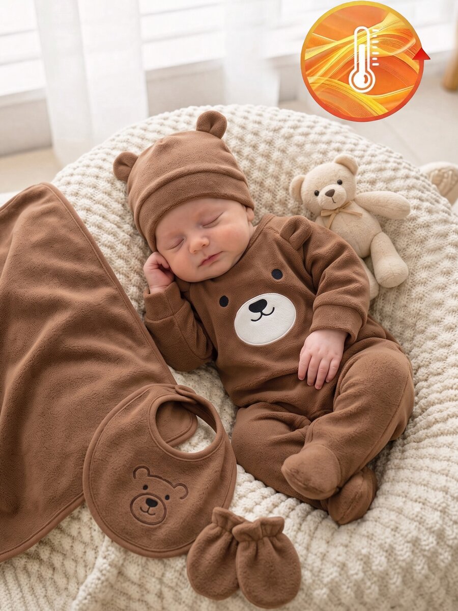 Set Pakaian Rumah Bayi Baru Lahir Nyaman, Lembut, Mewah, Warna Cokelat Kopi, Motif Beruang Teddy, Bordir Patch, Telinga 3D, Kancing Jepret, Leher Bulat, Lengan Panjang, Romper dengan Penutup Kaki dan Topi - Coffee Brown - View 1