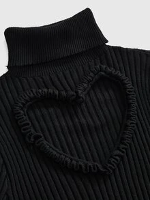 ROMWE Goth Black Daily Heart Hollow High Neck Ribbed Slim Fit Women's Sweater - Black - View 3