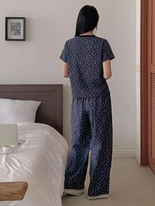 DAZY 2件組碎花拼接配色短袖T恤與長款睡褲套裝，夏季女款睡衣 - 藏蓝色 - 查看 2