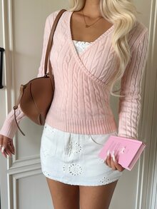Autumina French Gentle Style Pale Pink Twisted Rope Wrap V-Neck High Waist Cropped Sweater For Women - Pink - View 3