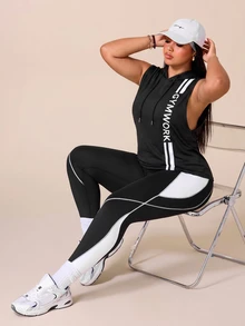 SHEIN Rhythm Era طقم نسائي مقاس كبير مطبوع عليه حروف مع توب بدون أكمام بقلنسوة ورباط وسروال ضيق - متعدد الألوان - مشاهدة 3