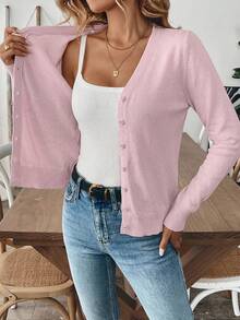 SHEIN كارديجان خفيف الوزن بلون وردي فاتح للنساء مقاس كبير، كاجوال وأنيق وبسيط، بلون موحد وأزرار أمامية، مناسب للاستخدام اليومي والمكتب والتنقل الرسمي، للربيع - وردي فاتح - مشاهدة 5