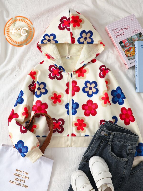 Girls (8-13 Years) Y2K Retro Aesthetic All-Over Floral Print Fuzzy Lined Hooded Zip-Up Jacket, Comfortable Warm Drop Shoulder Sweatshirt Jacket, Suitable For Autumn/Winter Daily School, Outdoor Gatherings And Weekend Outfits