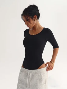 Slayform Slayform Women's Solid Color Round Neck Short Sleeve Seamless Knit Athletic Jumpsuit - Black - View 2