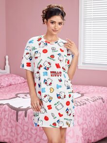 HELLO KITTY AND FRIENDS | SHEIN Women's Cartoon Print Casual Daily Home Sleep Dress - White - View 3
