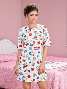HELLO KITTY AND FRIENDS | SHEIN Women's Cartoon Print Casual Daily Home Sleep Dress - White - View 4
