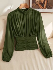 SHEIN Clasi 女款純色百褶立領長袖時尚襯衫 - 軍綠色 - 查看 5