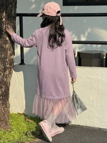 Dazy Kids 大童女孩秋季圓領針織短袖撞色網紗洋裝，適合夏季 - 淡紫色 - 查看 2