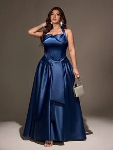 Maweii Plus Size Halter Bow Elegant Sophisticated Evening Party Dress Fall - Blue - View 4