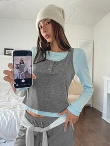 K-Vae Ballet Style Grey & White Layered 2 Pieces Set Top, Semi-Sheer Long Sleeve Base Layer + Button-Front Camisole, Slim Fit Flattering Sweet Girl Outfit - Grey - View 6