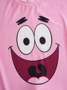 SpongeBob SquarePants | SHEIN Plus Size Women's Cartoon Print Short Sleeve Top And Shorts Casual Daily Home Sleepwear Set - Baby Pink - View 4