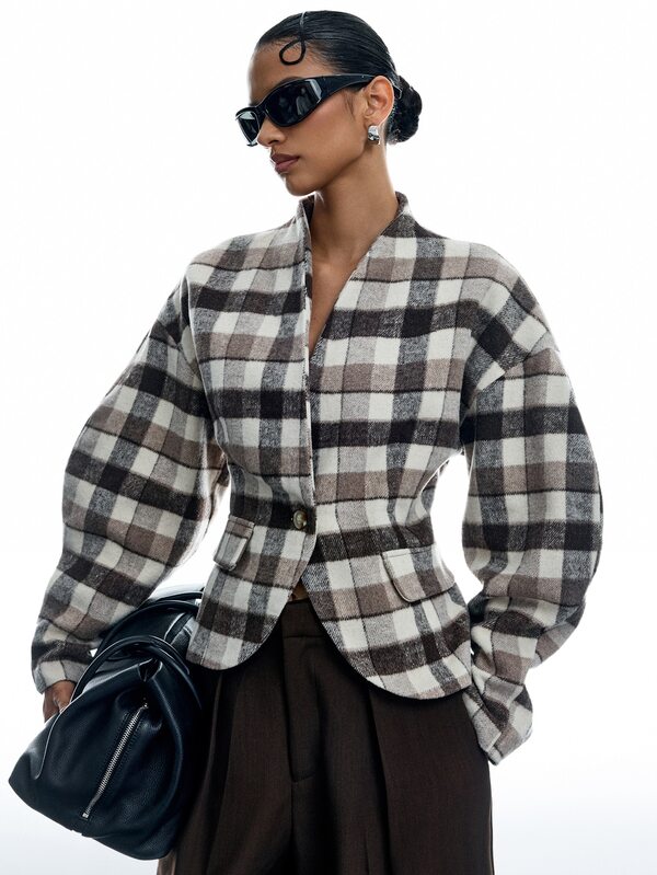 LYSMO Women's Plaid Dropped Shoulder Long Sleeve Single Button Fashion Overcoat Office Work Black And White Autumn Clothes For Women Street Elegant