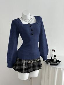 Elamini Sweet Heart Button Design Casual Versatile Women's Sweater - Blue - View 5