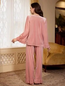 PalaceNights طقم بيجامة نسائي من 3 قطع بأسلوب القصر من المخمل، كاميسول + بنطلون طويل، خريف/شتاء - وردي - مشاهدة 2