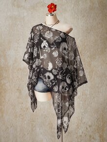 SHEIN ICON 萬聖節骷髏印花大尺碼女款網紗上衣，適合夏季 - 彩色 - 查看 4