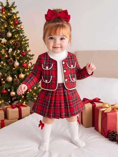 SHEIN 4 Peças Conjunto de Jaqueta e Saia para Menina Pequena, Xadrez Vermelho e Branco Combinando, Acabamento de Pérola, Laço, Manga Longa, Gola Alta, Regular, para Fotos de Família, Uso no Outono e Natal