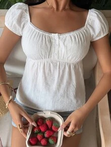 SHEIN EZwear 100%純棉梭織提花女款襯衫，適合春季/夏季與初秋 - 白色 - 查看 3