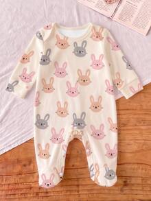 Newborn Home Jumpsuit, Cartoon Pink & Grey Rabbit All-Over Print Baby Long Sleeve Footed Romper, Snap Crotch Newborn Bodysuit, Baby Girl Spring/Autumn Home Sleep & Outdoor Footed Crawler - Multicolor - View 4