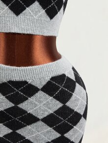 Mistrie Vintage British Style Argyle Knit Set, Half-High Neck Asymmetrical Button Sleeveless Vest & Fitted Bodycon Skirt 2 Pieces Set - Grey - View 9