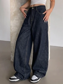 Dazy Tall Celana Jeans Denim Wanita Model Lurus Longgar dengan Hiasan Rhinestone untuk Musim Gugur - Hitam - View 7