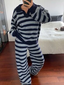 DAZY Women's Drop Shoulder Long Sleeve Sweater And Pants Striped Casual Two Pieces Set - Royal Blue - View 1