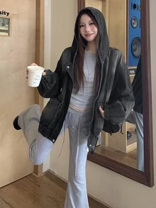 DAZY Women's Hooded Washed Korean Style Loose Girly Streetwear Jacket And Coat Fall - Grey - View 7