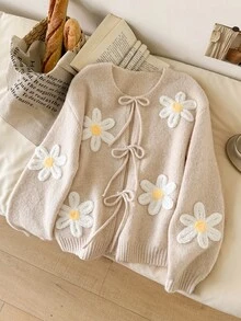 CosyJoli Women's Sweet 3D Embroidered Decor Tie-Front Knit Cardigan - Multicolor - View 1