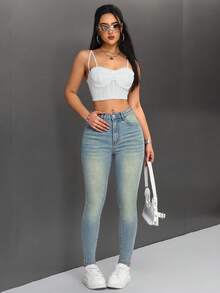 SHEIN PETITE 女款修身休閒百搭牛仔褲，附口袋 - 淺色水洗藍 - 查看 4