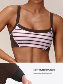 GLOWMODE FeatherFit™ Sporty Sweetheart randig sport-bh med kontrastränder och avtagbara kupor, för yogastudio och dagligt bruk - Rosa - Visa 3