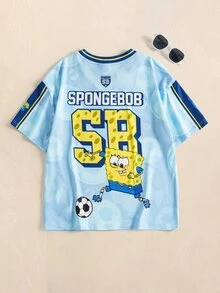 SpongeBob SquarePants | SHEIN Tween Boy Cartoon Print Colorblock Short Sleeve Vacation T-Shirt - Blue - View 2