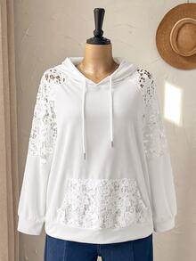 Rusticease Plus Size Women's Contrast Lace Raglan Long Sleeve Pocket Drawstring Hooded Sweatshirt Fall - White - View 4