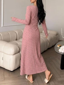 DAZY Ditsy Floral Fitted Deep V-Neck Ruched Long Nightgown - Pink - View 2