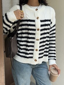 Autumina Soft Cable Knit Black & White Striped Crew Neck Cardigan For Women - Black and White - View 7