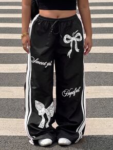 Muchica Plus Size Bow Print Striped Drawstring Waist Loose Pants - Multicolor - View 3