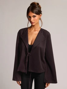 SHEIN BAE Jaket Lengan Panjang Wanita Warna Polos Kasual Elegan Serbaguna untuk Sehari-hari, Kantor, Cokelat Tua, Musim Gugur - Red Violet - View 3