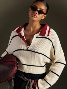Hauture Sweater Rajut Bergaris Kerah Polo Gaya Retro Amerika untuk Wanita, Atasan Pullover Lengan Panjang Longgar dan Santai untuk Perjalanan Sehari-hari - Red and White - View 4