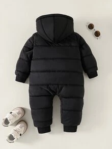SHEIN Playful Pals 男嬰秋冬保暖菱格紋絎縫連帽拉鍊保暖內裡加厚連身衣，舒適戶外穿搭 - 黑色 - 查看 2