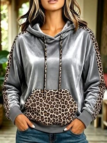Linhara CURVE Women's Plus Size Leopard Print Patchwork Hooded Sweatshirt, Casual/Commute/College Style, Long Sleeve Sweatshirt For Autumn/Winter - Silver - View 3